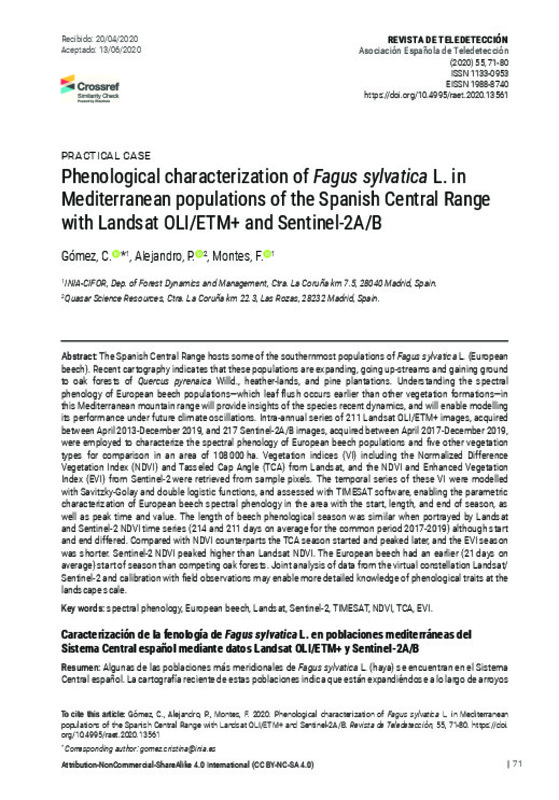 Phenological Characterization Of Fagus Sylvatica L In Mediterranean Populations Of The Spanish Central Range With Landsat Oli Etm And Sentinel 2a B