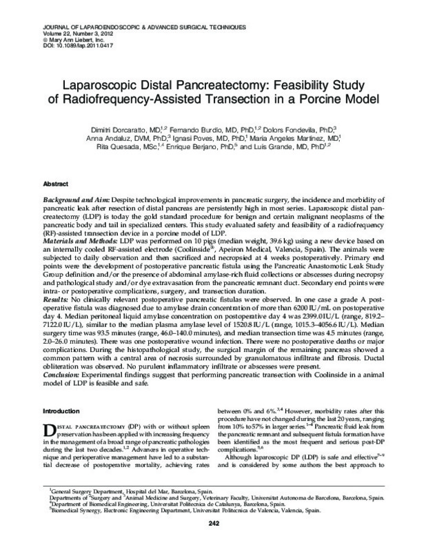 Laparoscopic Distal Pancreatectomy Feasibility Study Of Radiofrequency Assisted Transection In A Porcine Model