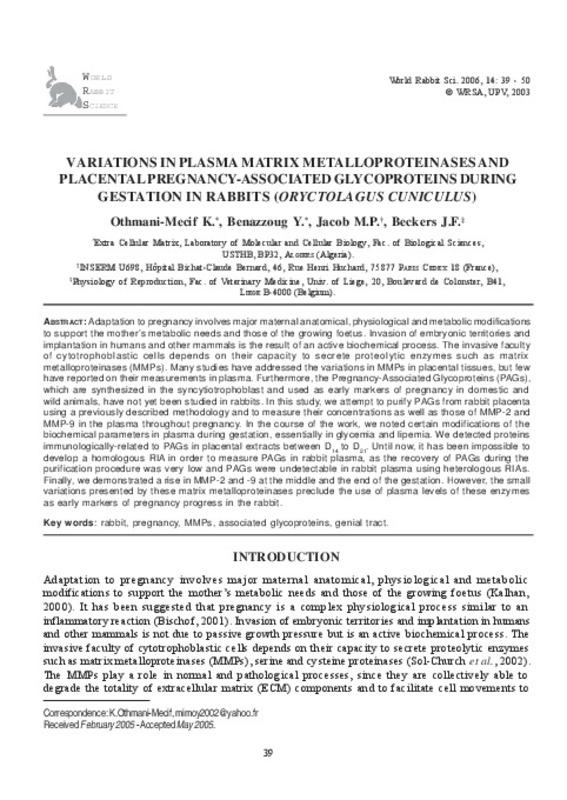 Variations In Plasma Matrix Metalloproteinases And Placental Pregnancy Associated Glycoproteins During Gestation In Rabbits